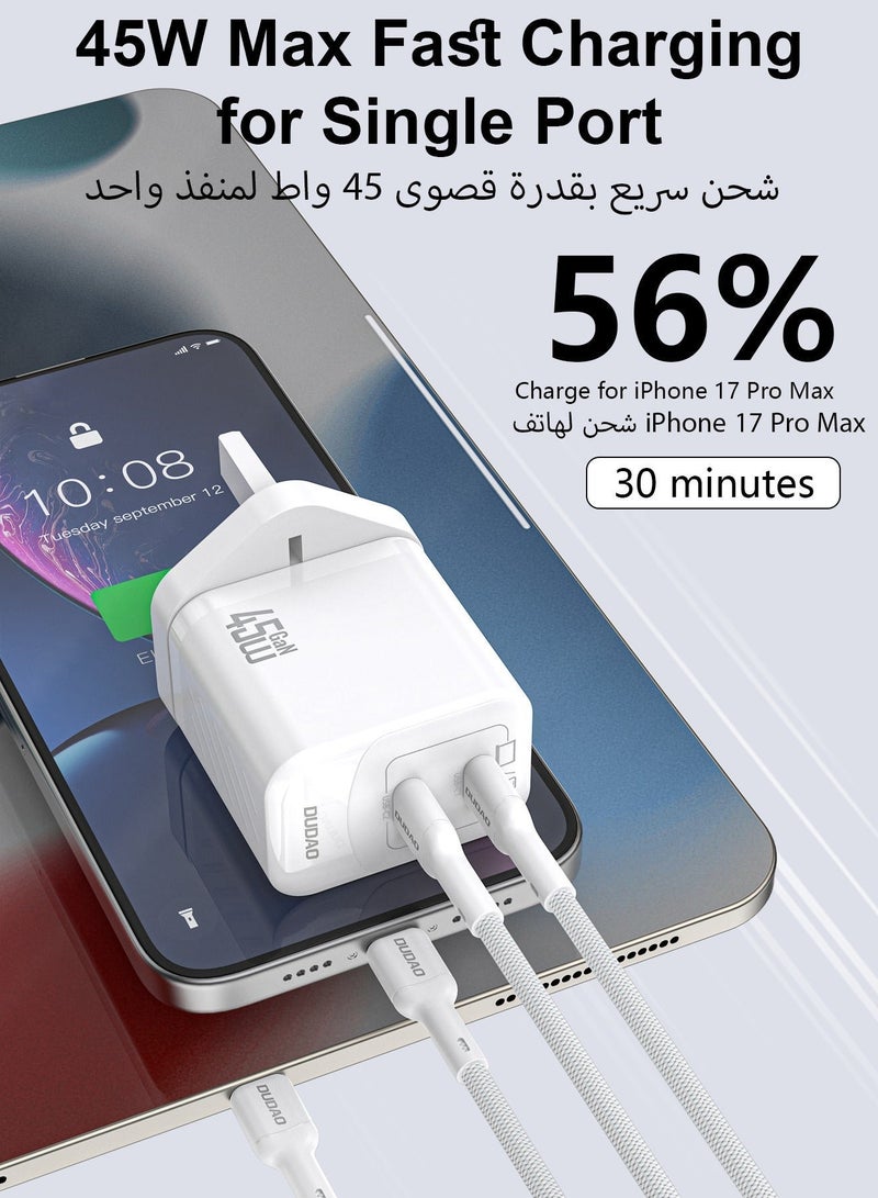 دوداو شاحن سامسونج 45 واط بتقنية GaN، شاحن سريع بمنفذي USB-C، شاحن جداري PD3.0 PPS صغير الحجم، شاحن تايب سي متوافق مع سامسونج Galaxy و iPhone 15 و Huawei، شاحن USB C سريع مع تحكم ذكي في درجة الحرارة - Image 3